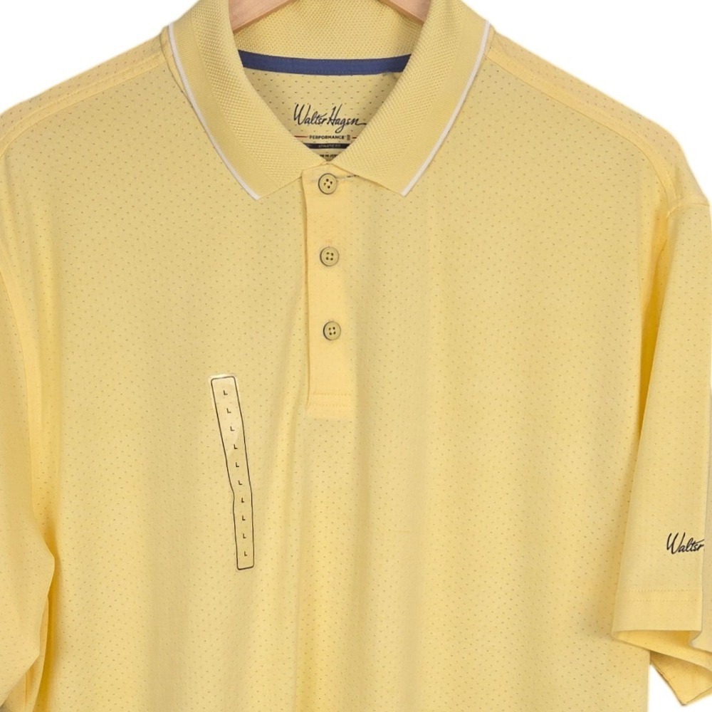 Walter Hagen Golf Polo Mens Large Yellow "Mini W" Print Shirt Athletic Fit NWOT